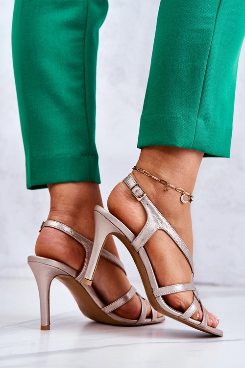 Skórzane Sandały Szpilki Laura Messi 2002 Beżowo-Złote