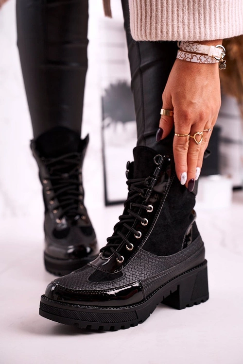 Botki Workery Ocieplane Czarne Print Zwierzęcy Helena