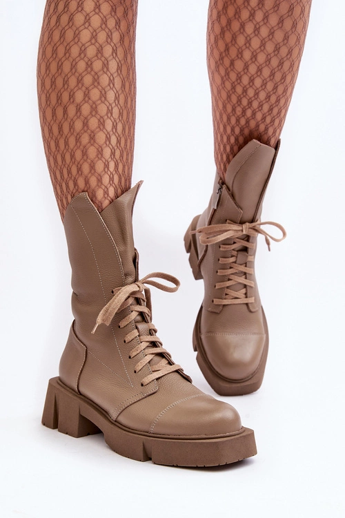 Damskie Skórzane Botki Workery Na Masywnym Płaskim Obcasie Zazoo 976A Ciemnobeżowe