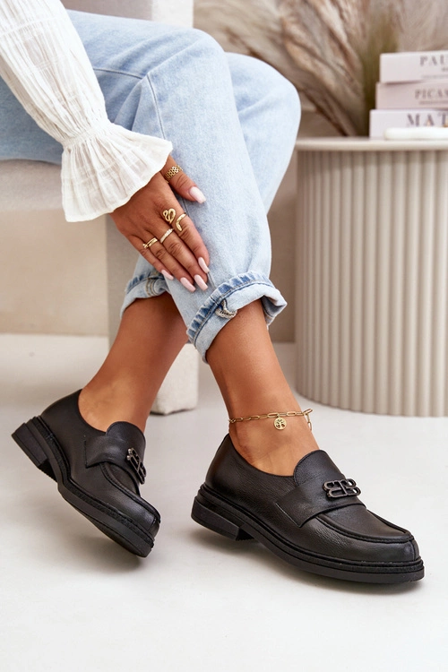 Zazoo 20174 Skórzane Eleganckie Półbuty Damskie Na Płaskim Obcasie Czarne