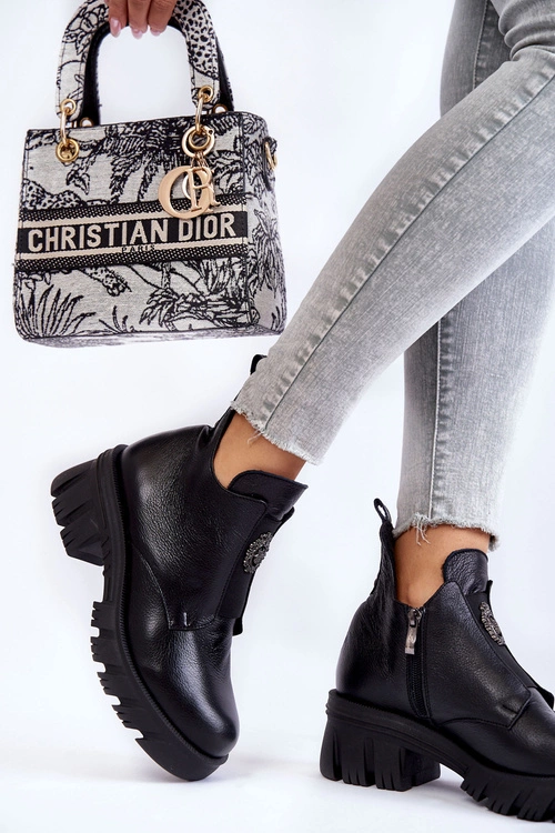 Damskie Skórzane Botki Z Ozdobą Czarne Maley