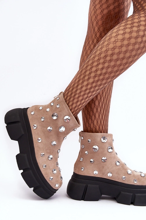 Zamszowe Ocieplane Botki Z Kryształkami D&A MR870-83 Beżowe