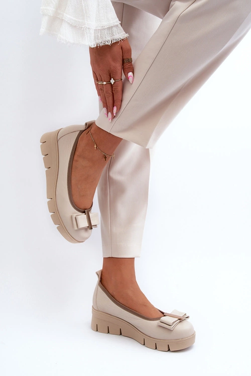 Baleriny Skórzane Na Platformie Z Ozdobą Kremowe Lewski 3384