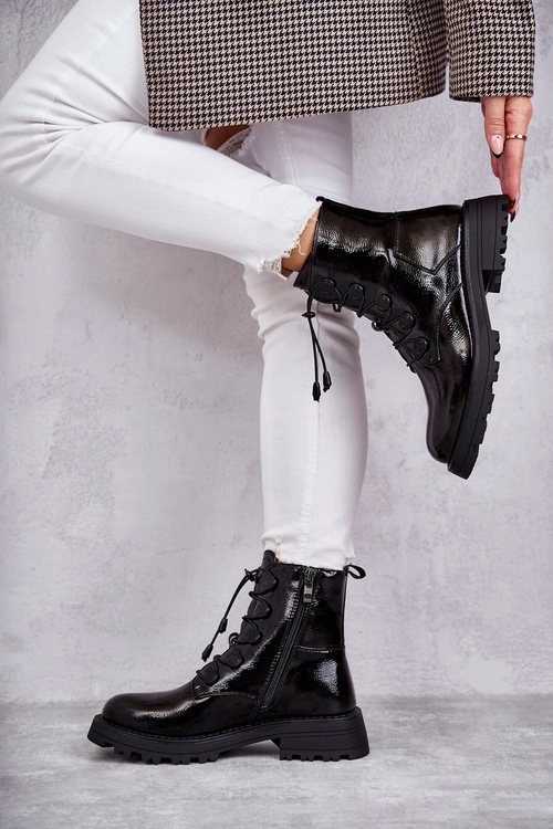 Damskie Lakierowane Ocieplane Botki Ze Ściągaczem Czarne Helia