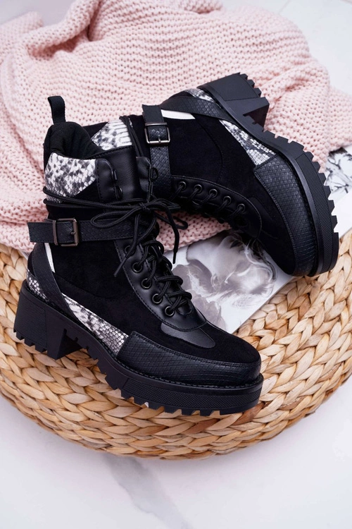 Damskie Botki Wysokie Trapery Snake Czarne Nemtere