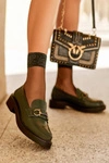 Skórzane Półbuty Mokasyny Damskie Ciemnozielone Beanika