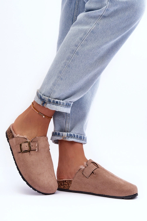 Zamszowe Klapki Damskie Z Futerkiem Beżowe Haidamia