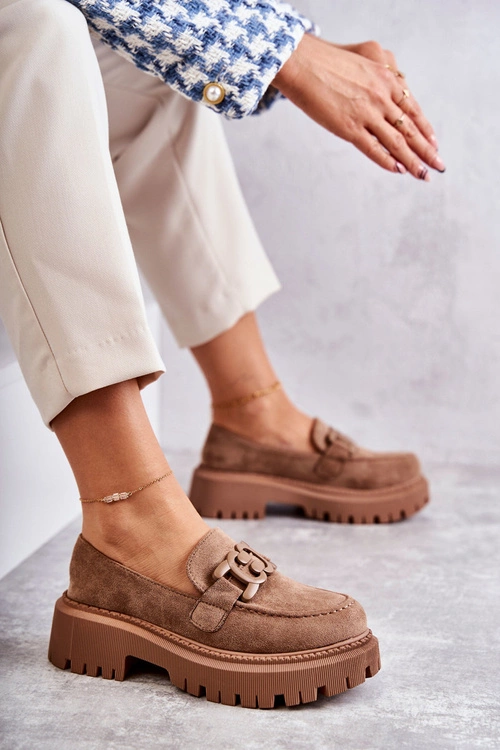 Damskie Półbuty Zamszowe Z Ozdobą Ciemnobeżowe Leeza