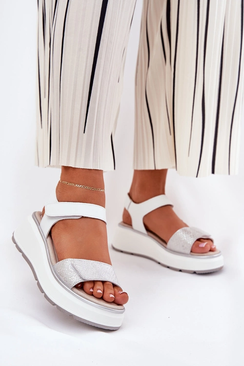 Skórzane Sandały Damskie Platformie I Koturnie Na Rzep S.Barski LR51-543 Srebrne