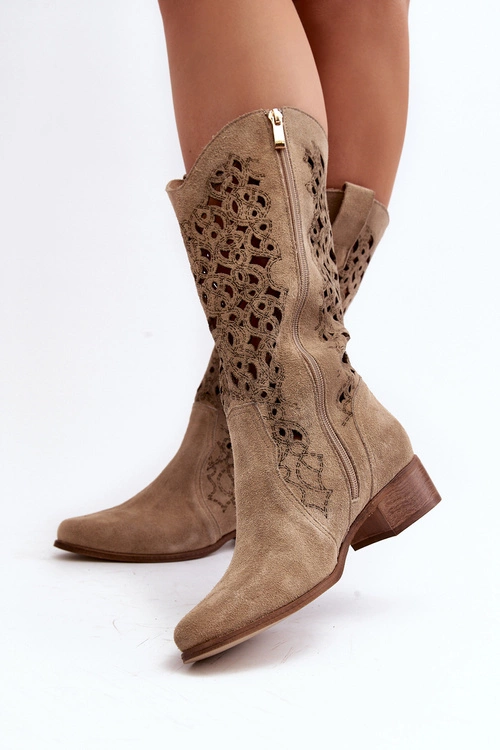 Zazoo 3403 Ażurowe Kozaki Damskie Na Niskim Obcasie Jasnobeżowe