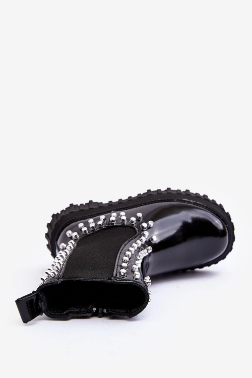 Lakierowane Botki Sztyblety Dziewczęce Zdobione Dżetami Czarne Adelie