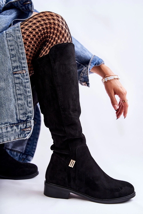 Zamszowe Kozaki Na Płaskim Obcasie Czarne Giulia