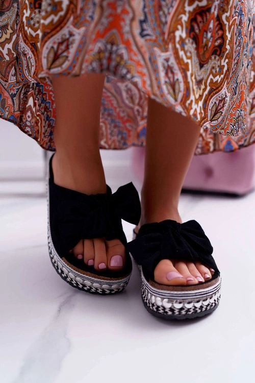 Klapki Damskie Z Kokardami Gruba Podeszwa Czarne Milady