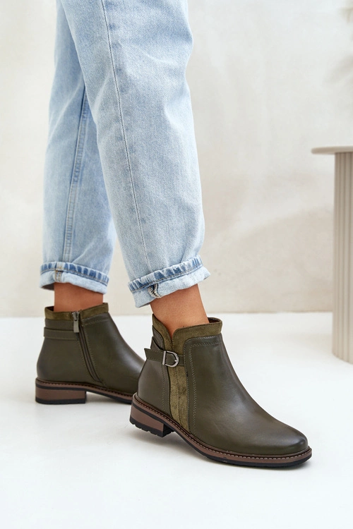 Ocieplane Botki Damskie Z Niską Cholewką Na Zamek Eko Skórzane Ciemnozielone Taitha