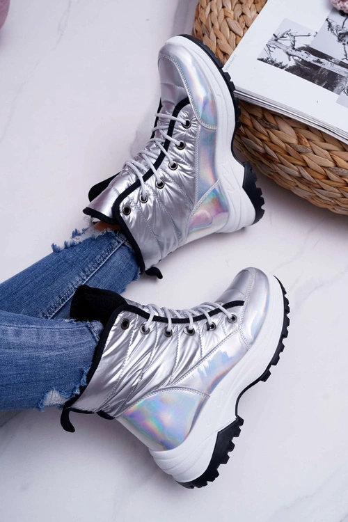 Damskie Botki Śniegowce Ocieplane Futerkiem Srebrne Muffin