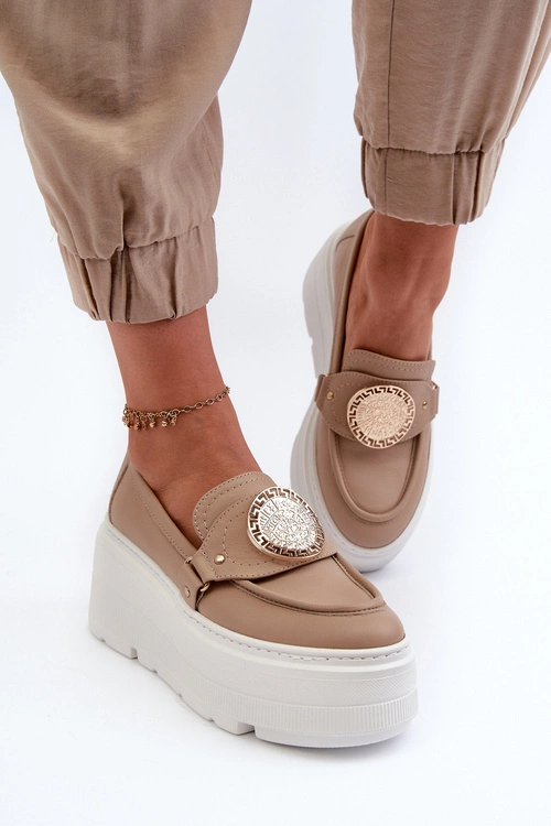 Zazoo 3458 Mokasyny Skórzane Damskie Z Ozdobą Beżowe