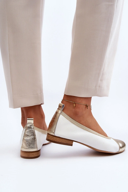 Zazoo 2890 Skórzane Baleriny Biało-Złote