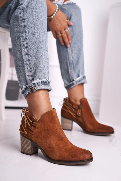 Botki Damskie Na Słupku Maciejka Skóra Rude 04812-29