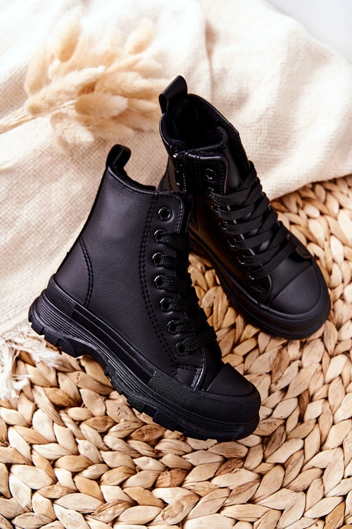 Dziecięce Skórzane Ocieplane Trampki Czarne Bomi