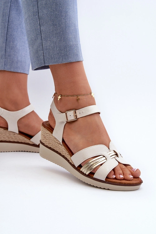 Sandały Damskie Na Koturnie Z Plecionką Złote Starlenna