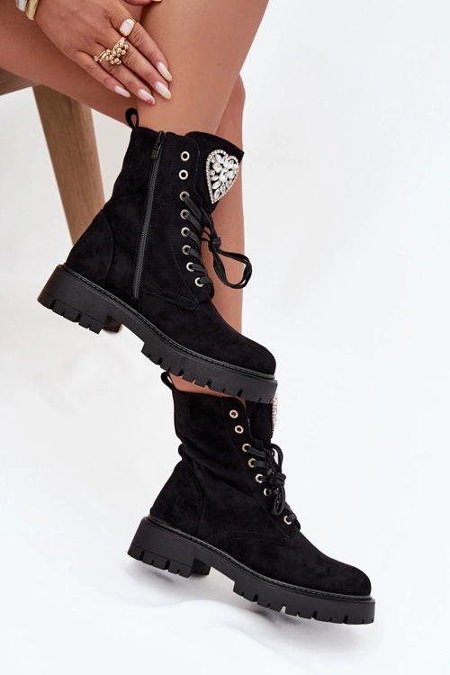 Botki Workery Damskie Z Kryształkami Na Języku Czarne Rosira