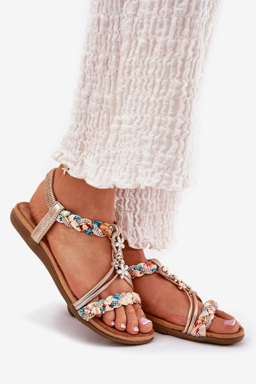 Sandały Damskie Płaskie Z Plecionymi Paskami I Przypinkami Artiker 54C1323 Złote