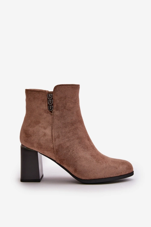 Ocieplane Eko Zamszowe Botki Damskie Na Słupku Zapinane Na Zamek Brązowe Erillia