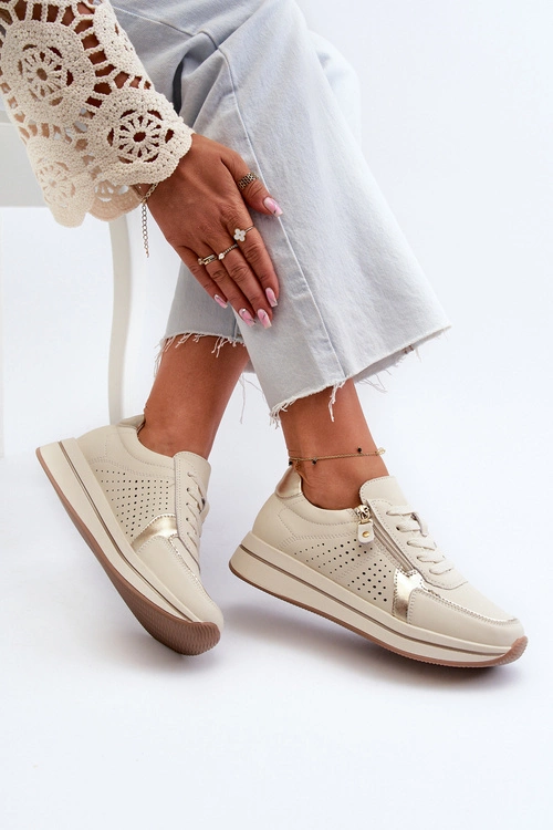 Damskie Skórzane Sneakersy Na Platformie Beżowe Ligustra