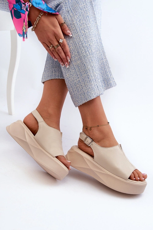 Skórzane Sandały Damskie Na Platformie D&A SJ2301-2 Beżowe