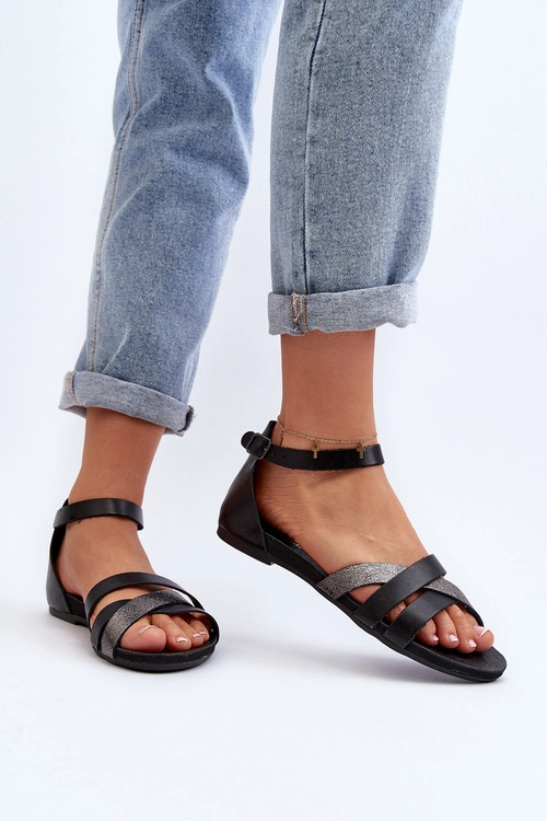 Zazoo 40225 Skórzane Sandały Na Płaskim Obcasie Czarne