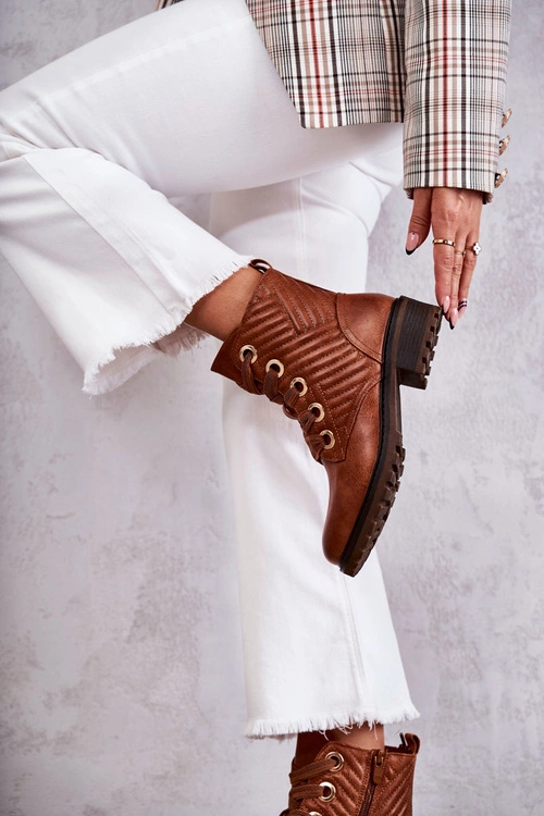 Skórzane Pikowane Botki Z Ociepleniem Brązowe Torino