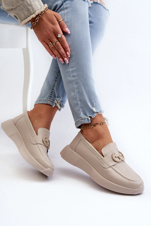 Skórzane Mokasyny Damskie Na Platformie Beżowe S.Barski LR490