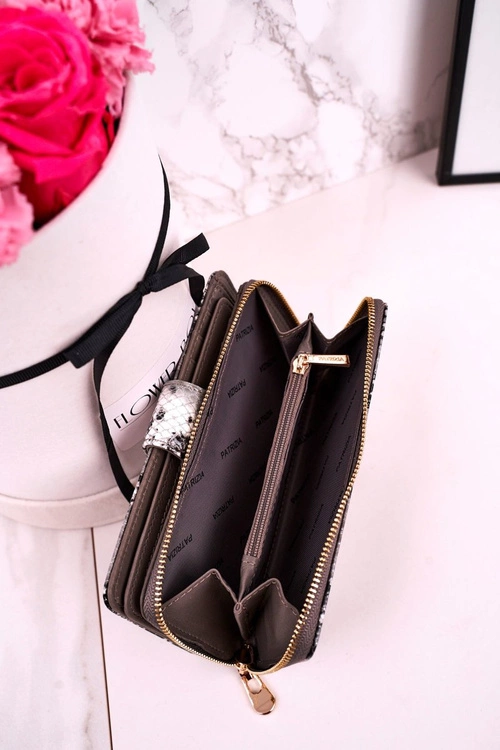 Duży Skórzany Portfel Damski PATRIZIA Lakierowany Szary