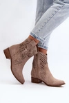 Zazoo 3305 Damskie Ażurowe Botki Kowbojki Na Niskim Obcasie Zamszowe Cappucino