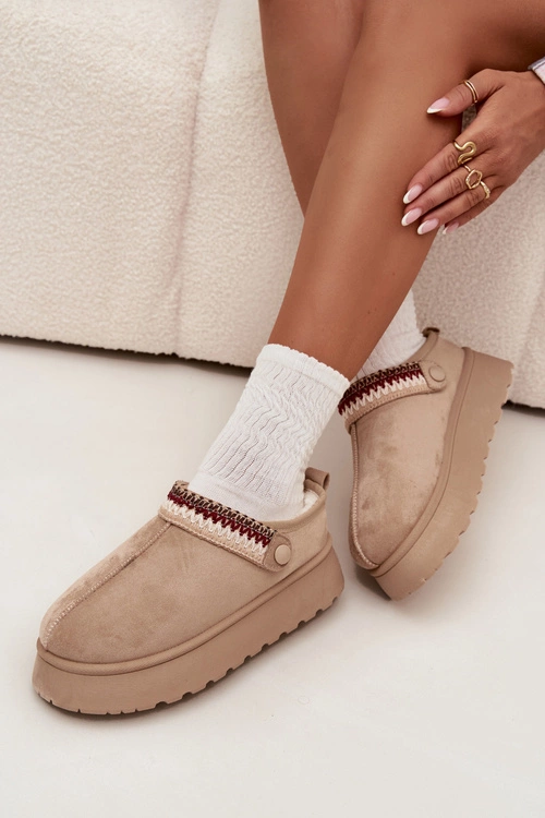 Śniegowce Damskie Niskie Z Ruchomym Paskiem I Haftem Na Platformie Jasnobeżowe Lyrisse