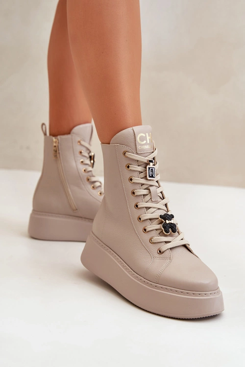 Damskie Skórzane Botki Workery Z Przypinkami Beżowe CheBello 4294