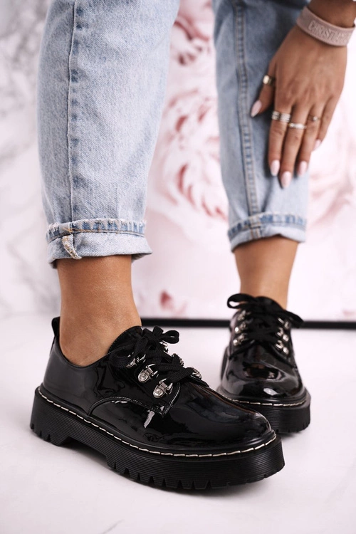 Damskie Półbuty Oxfordy Na Platformie S.Barski HX15 Lakierowane Czarne