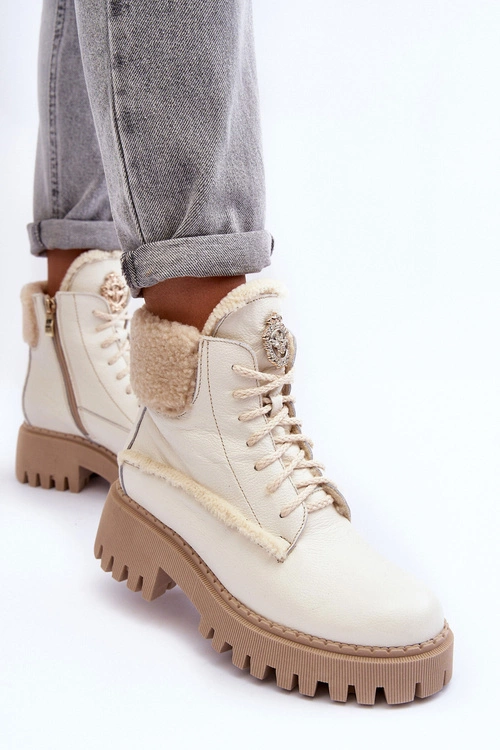 Damskie Skórzane Trapery Botki Kremowe Lemar Vergo