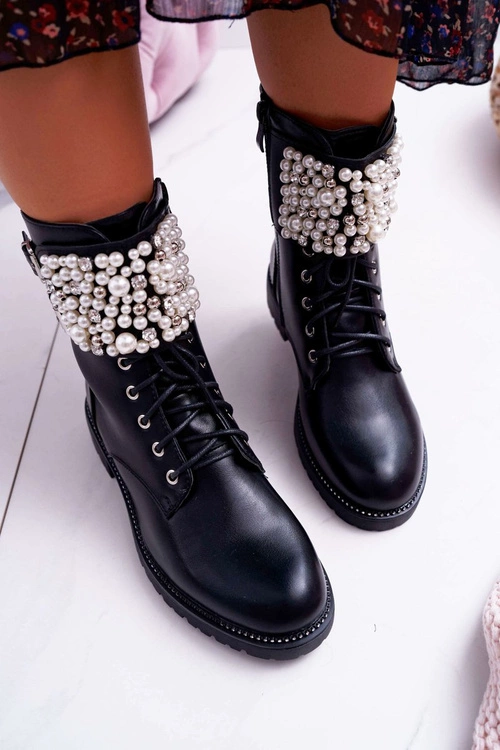 Botki Damskie Płaski Obcas Militarne Czarne Bemmer