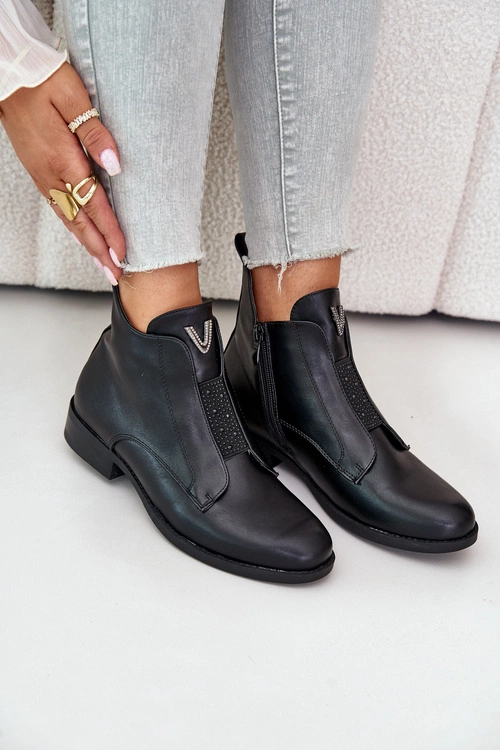 Niskie Botki Damskie Na Płaskim Obcasie Ocieplane Czarne S.Barski HY42-119 Czarne