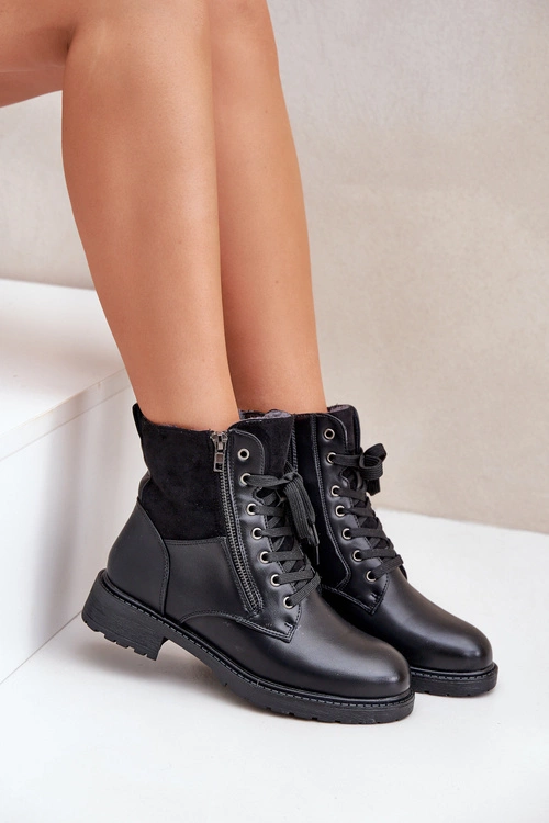 Ocieplane Botki Na Płaskim Obcasie Eko Skórzane Czarne Naoise