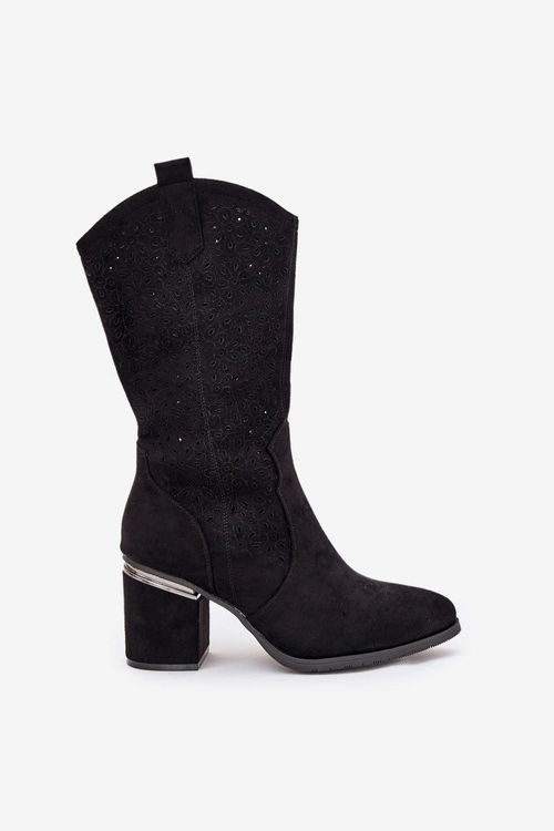 Ażurowe Kozaki Kowbojki Do Połowy Łydki S.Barski HY51-238 Czarne