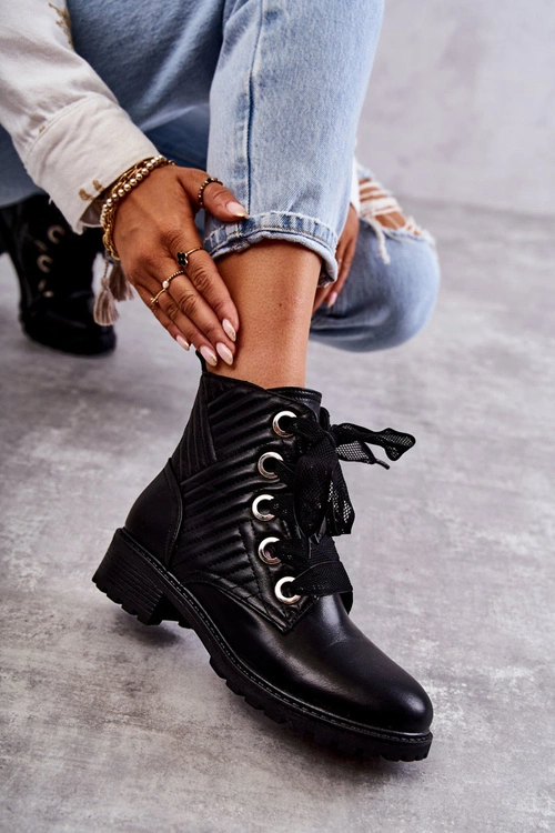 Skórzane Pikowane Botki Z Ociepleniem Czarne Torino