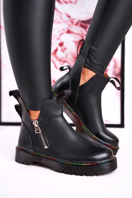 Damskie Botki Sztyblety Z Kolorowym Przeszyciem Czarne Addison