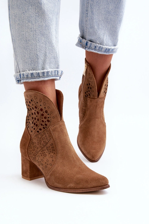 Zazoo 3166 Damskie Ażurowe Botki Na Obcasie Zamszowe Camel
