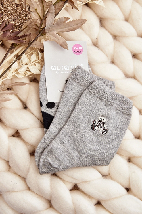 Bawełniane Skarpety Damskie Z Naszywką Miś Szare