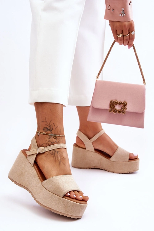 Damskie Zamszowe Sandałki Na Koturnie Beżowe Lydia