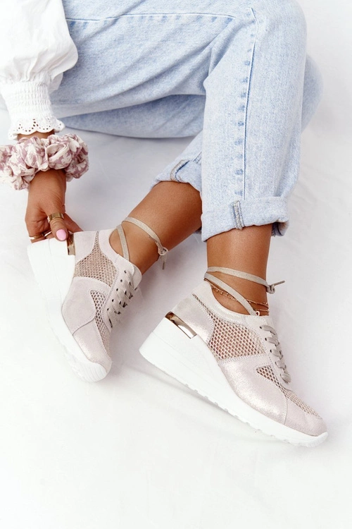 Skórzane Sneakersy Na Koturnie Z Siateczką S.Barski Złote