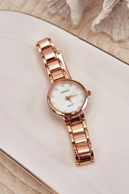 Zegarek Damski Na Bransolecie Z Cyrkoniami Różowe Złoto ERNEST E87006