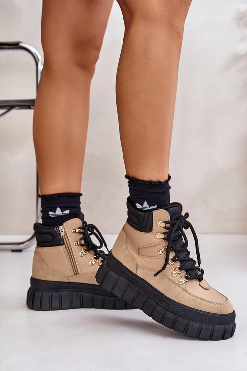 Damskie Ocieplane Botki Trapery Na Platformie Brązowe Jelenia